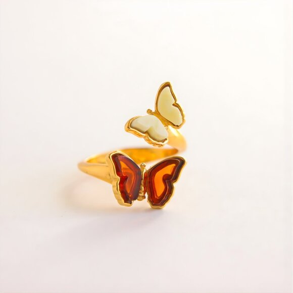 Baltic Amber Butterfly Ring in 14k Gold Plated Sterling Silver - Picture 2 of 6